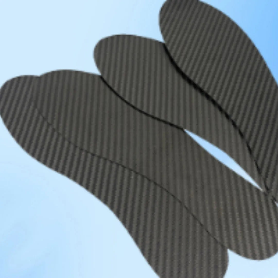 Black 3K carbon fibre full palm running insoles showing three thickness options: 0.8mm, 1.0mm, and 1.2mm.