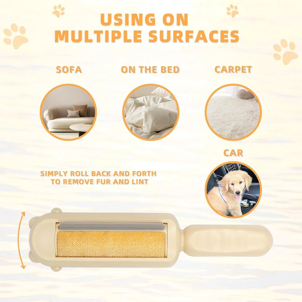 Blue pet hair remover tool with a self-cleaning base on a fabric sofa.