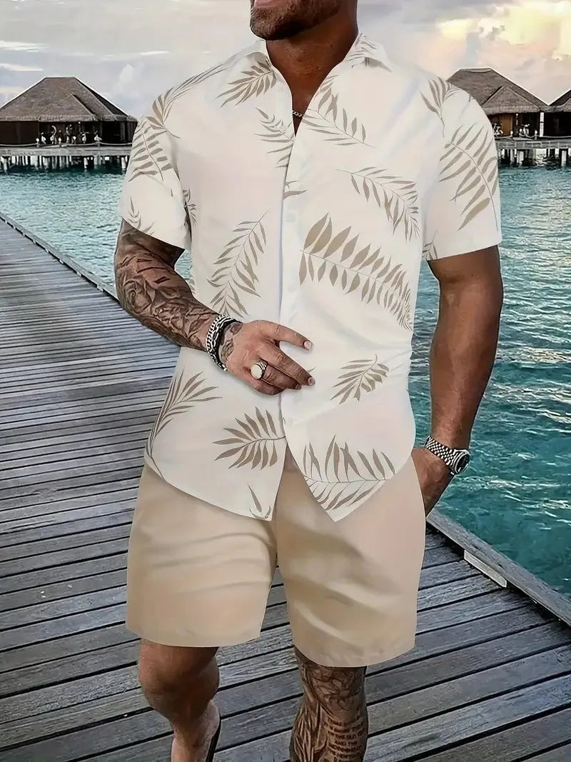 Men's short sleeve Hawaii shirt and matching shorts with a colourful 3D printed tropical pattern