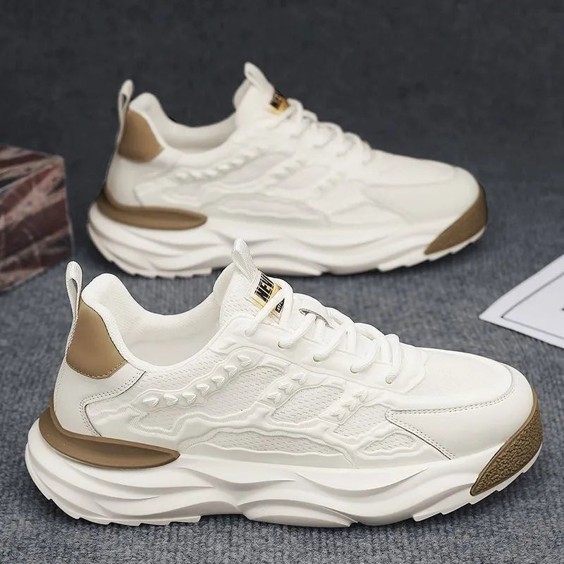 Men's solid colour breathable mesh shoes in white or black with round toe.