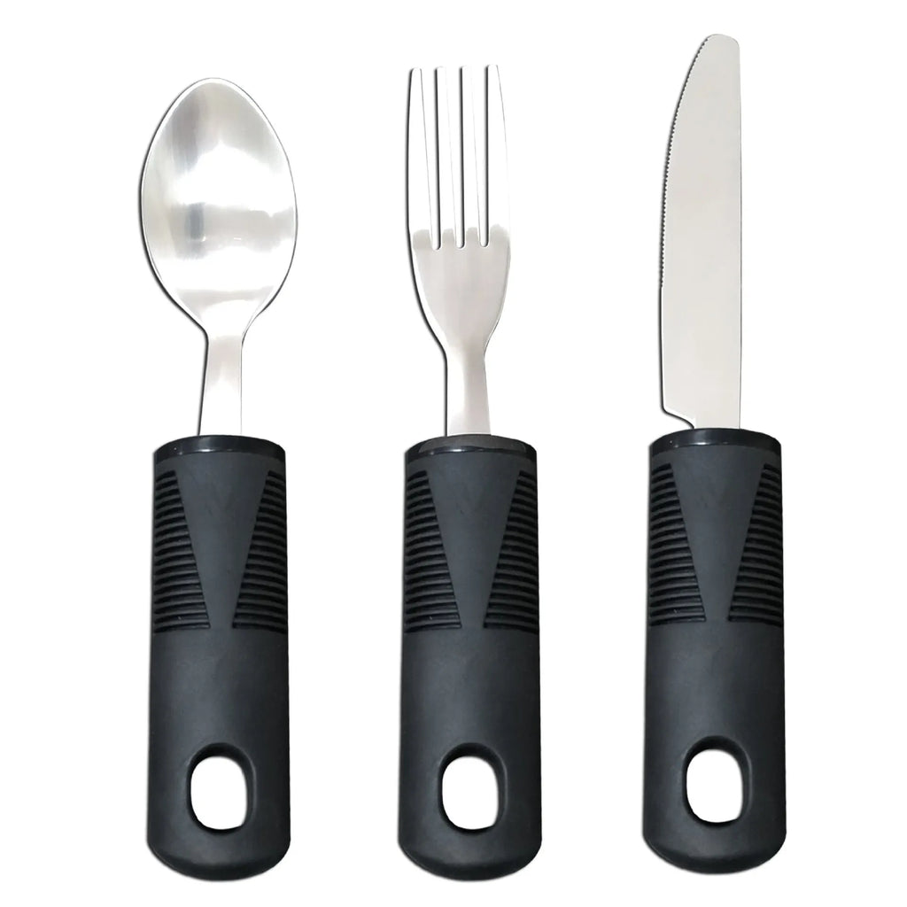 Stainless steel anti-shake cutlery with black rubberised handles, shown in a curved three-piece set.