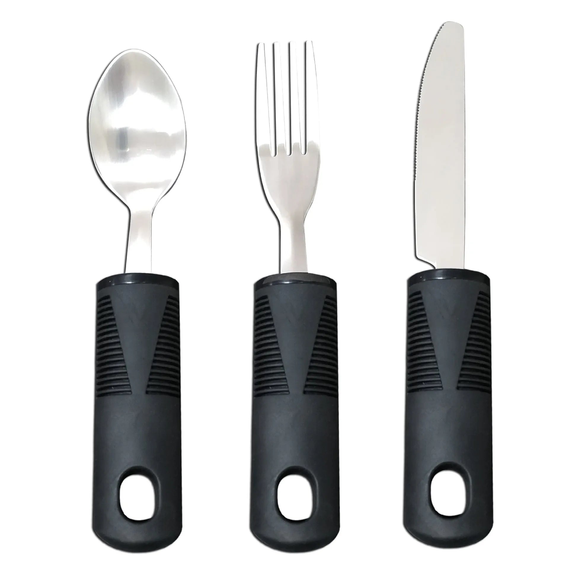 Stainless steel anti-shake cutlery with black rubberised handles, shown in a curved three-piece set.