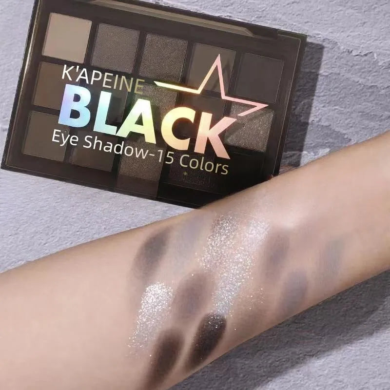 15-colour Night Elf eyeshadow palette showing matte and shimmer shades for smoky makeup.