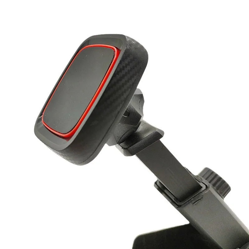 Black universal car phone holder mounted on vehicle air vent with adjustable clamp and 360-degree rotation mechanism