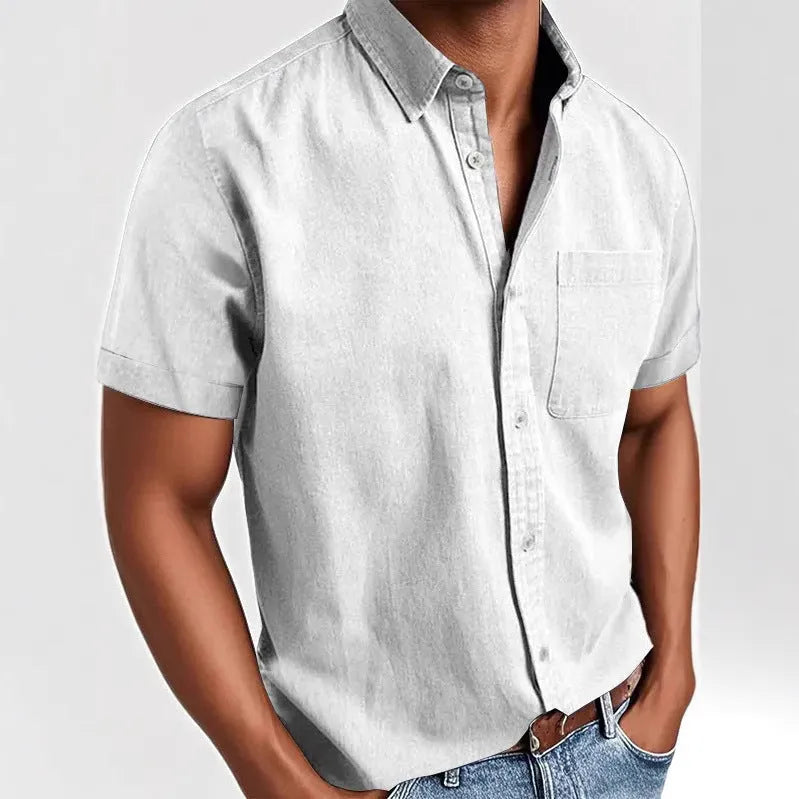 Men's solid colour short-sleeved shirt with a polo collar and a chest pocket.