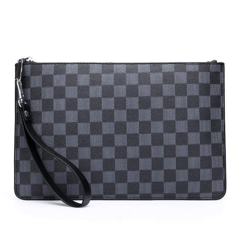 Men's soft black checkered PU leather clutch open to show six card slots and a zippered pocket.