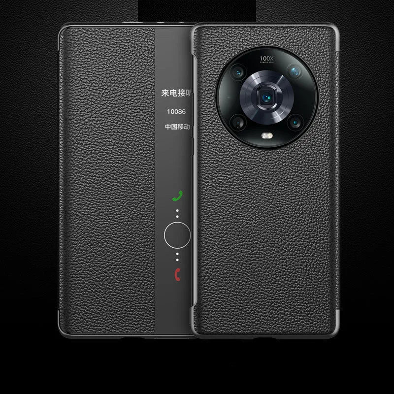 Flip leather phone case for Honor Magic4 and Magic4 Pro in Elegant Black with simple business style