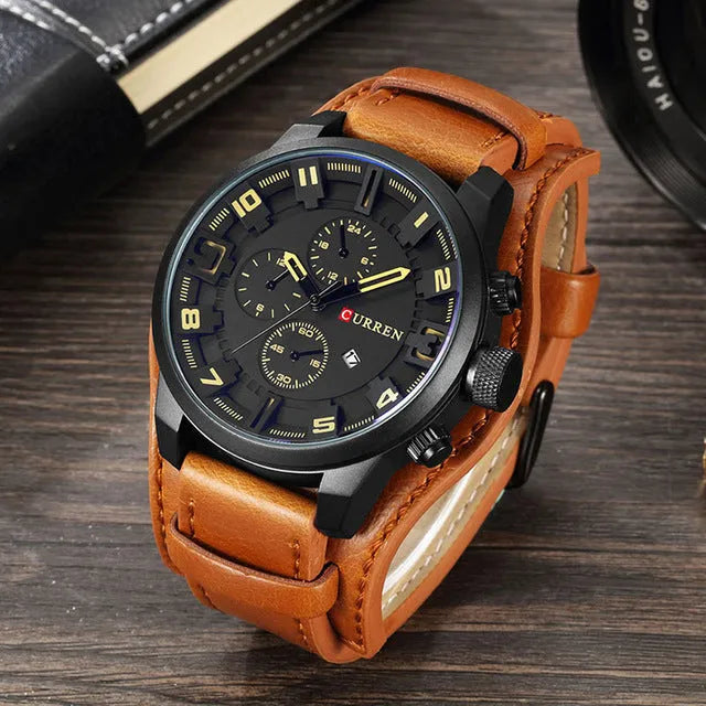 Belt Sports Large Plate Quartz Watch with black shell, black surface, black word, black faux leather strap