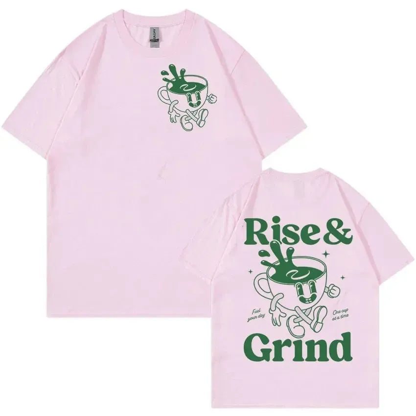 Loose fit men's linen t-shirt in a solid colour with a printed Rise And Grind cartoon graphic on the front.