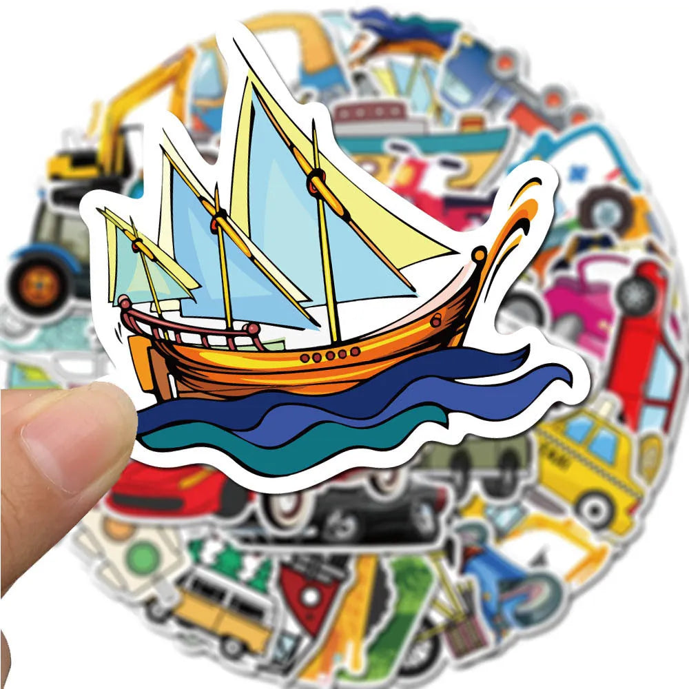 40 cartoon vehicle graffiti stickers in 4-6cm sizes with car and excavator designs for luggage and laptops