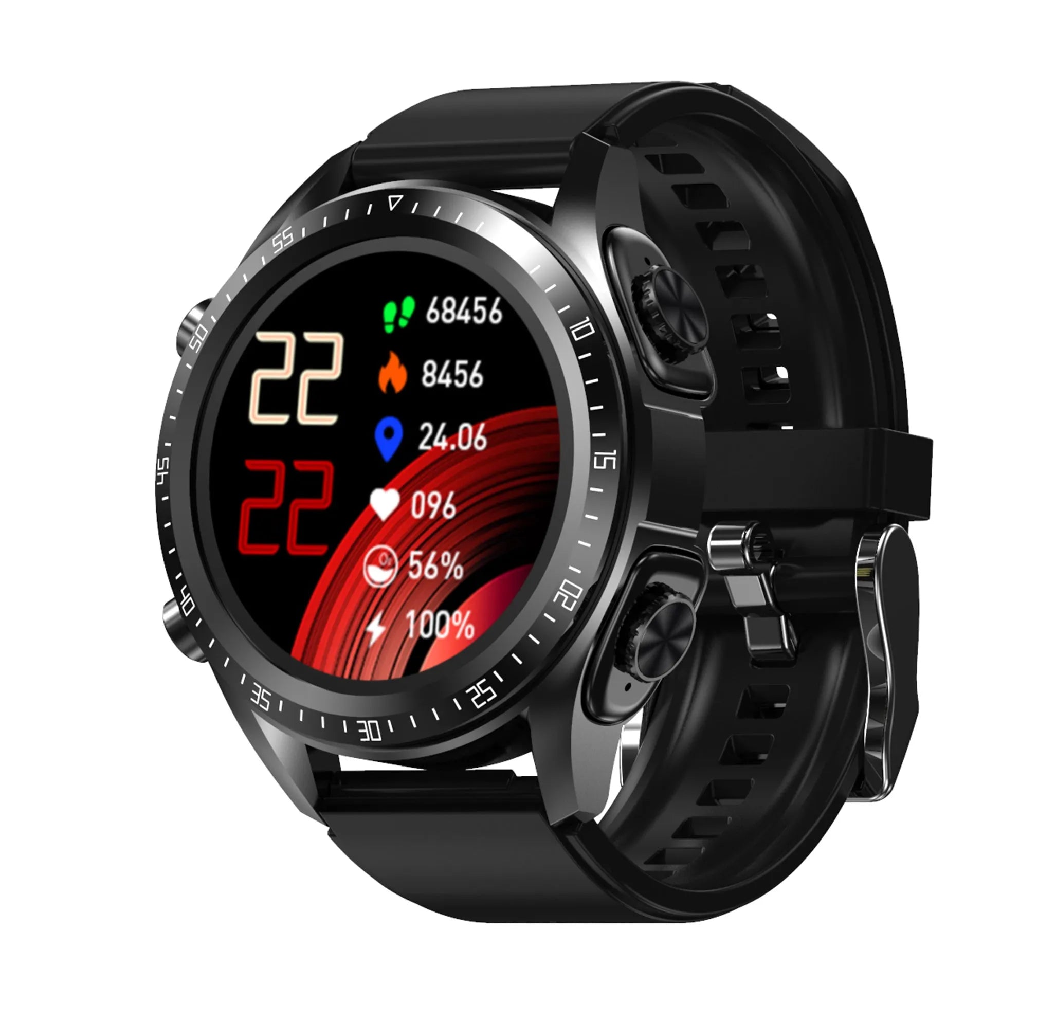 Black multifunctional smart bracelet watch with round plain dial and stainless steel case on light background