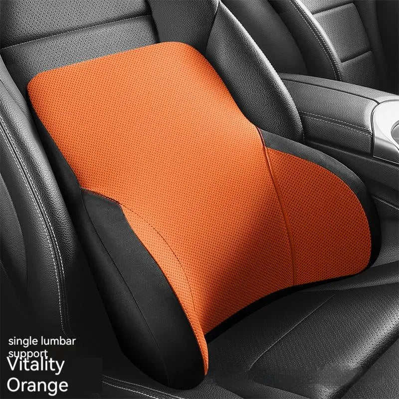 Black memory foam car headrest and lumbar support pillow set on a car seat