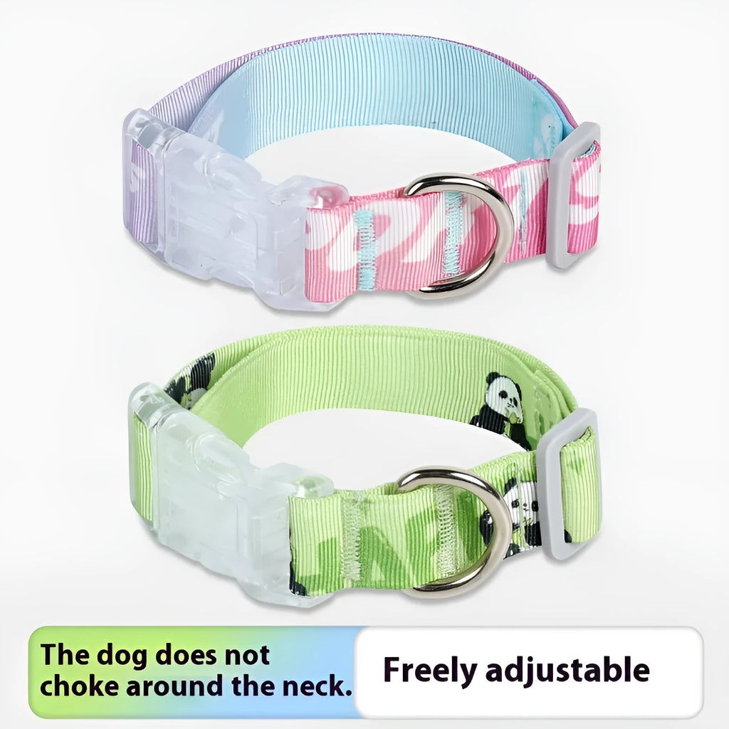 Adjustable nylon dog collar with cartoon gradient print and a black plastic quick-release buckle on a white background.