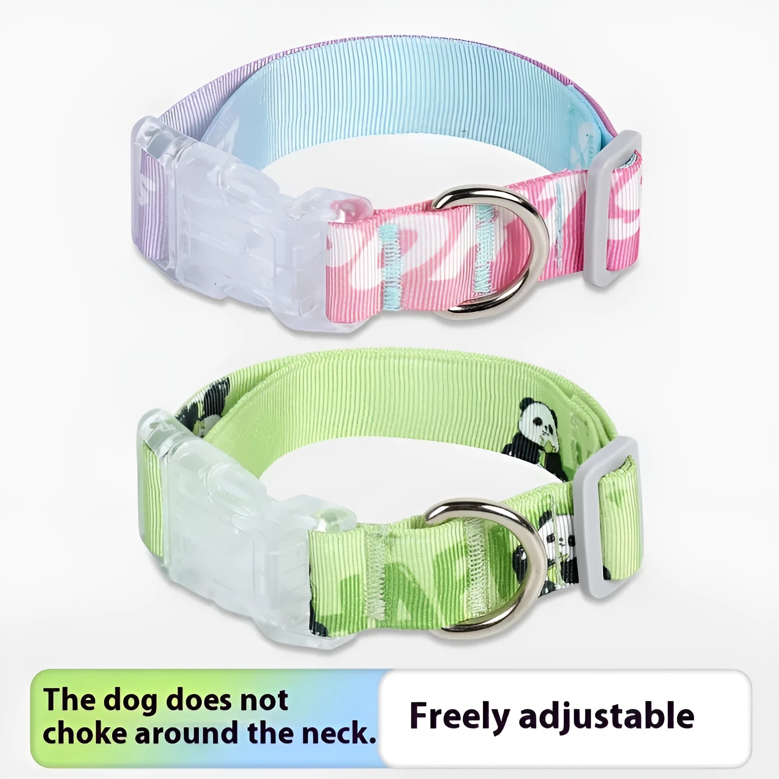 Adjustable nylon dog collar with cartoon gradient print and a black plastic quick-release buckle on a white background.