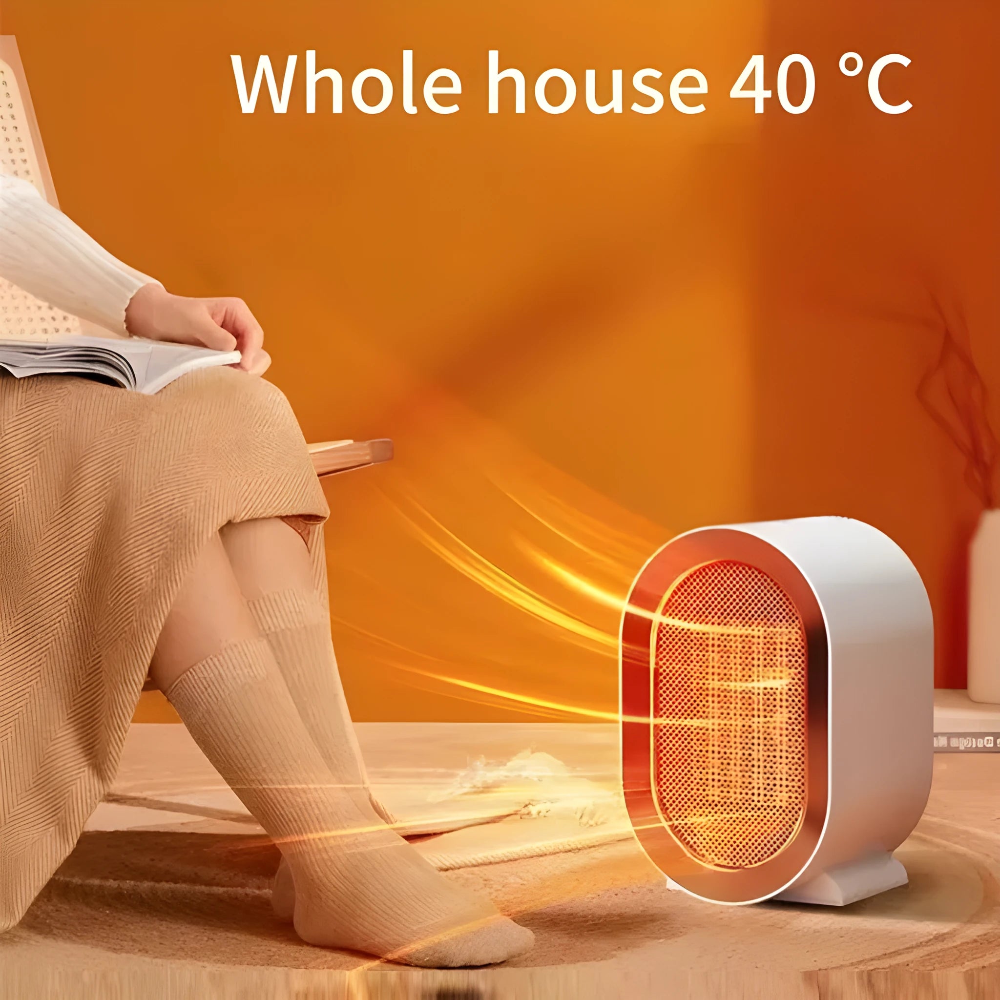 A compact black desktop ceramic fan heater with a mechanical control knob on a wooden desk.
