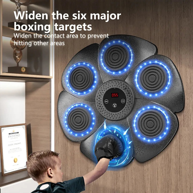 Black plastic smart boxing wall target with LED lights and four half-finger Velcro boxing gloves.
