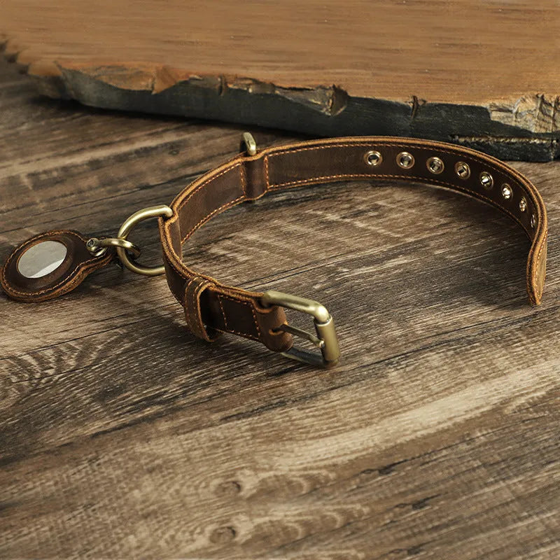 Brown double-sided cowhide leather dog collar with handmade retro styling and halter positioning system