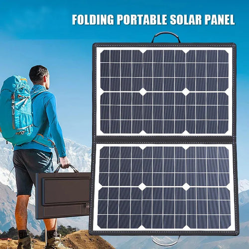 Black 40W solar panel folded inside a slim polyester bag, showing its compact 425mm by 285mm size.