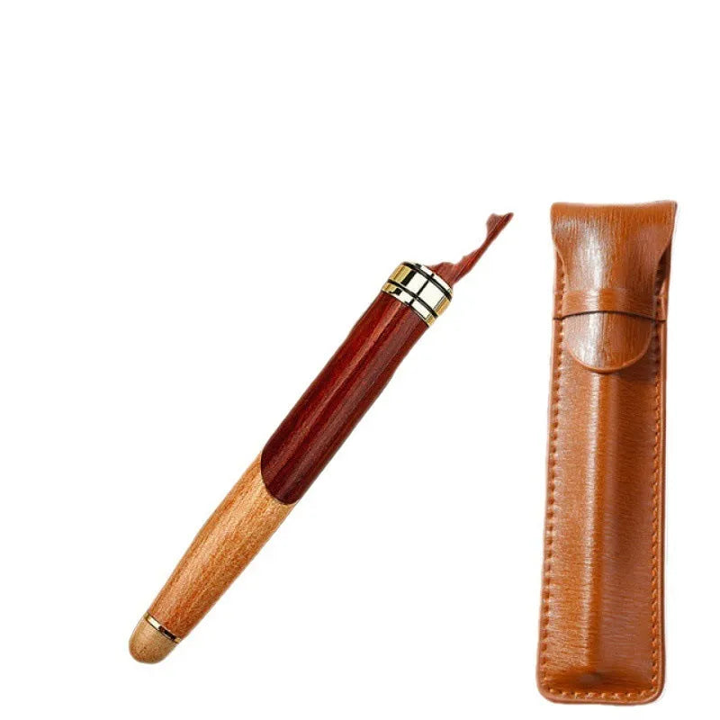 Wooden and metal pen for office use shown with a protective storage bag.