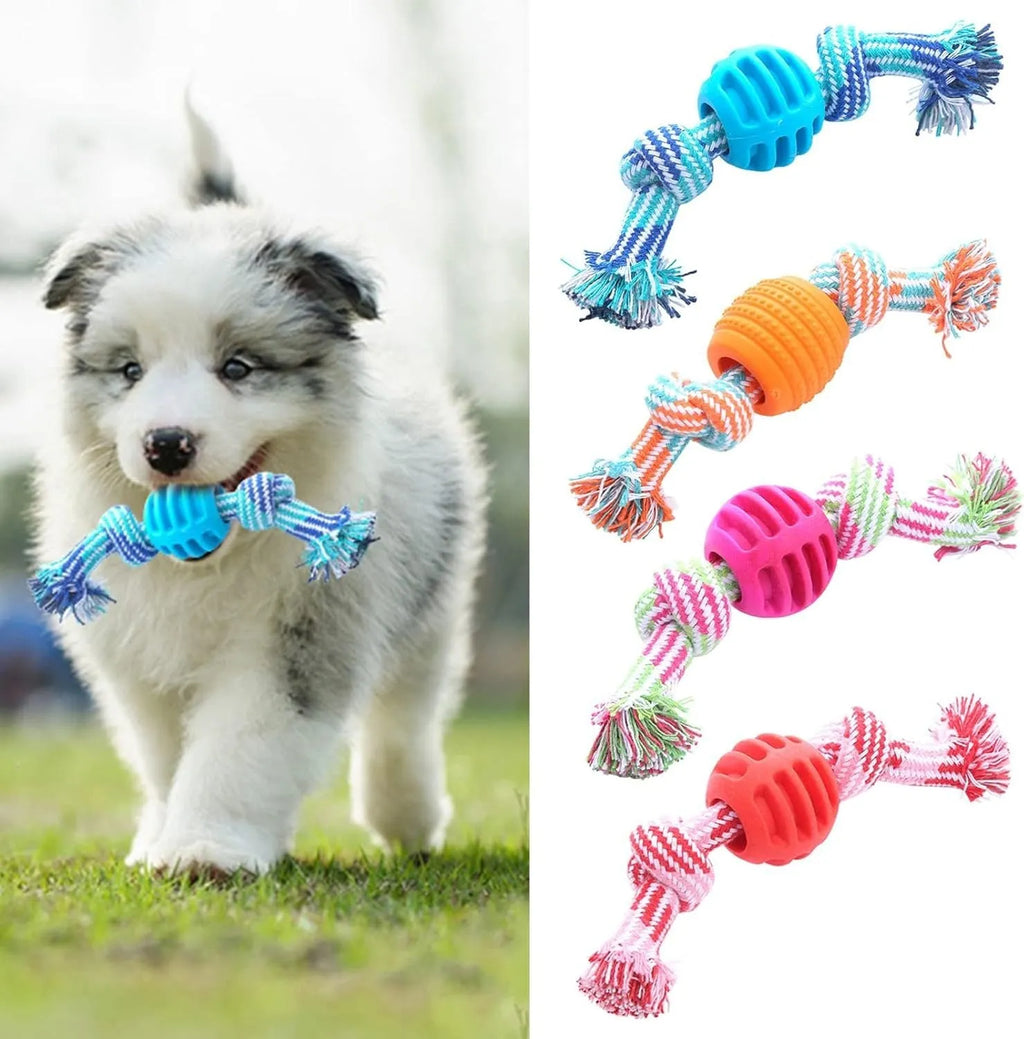 Blue dog chew toy with rope texture for cleaning teeth and protecting oral health.