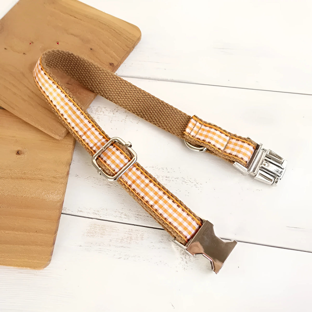 Brown small plaid polyester dog collar with British style pattern on white background