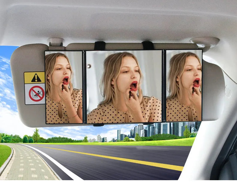 Silver car visor folding makeup mirror shown closed and open, with ABS plastic frame.