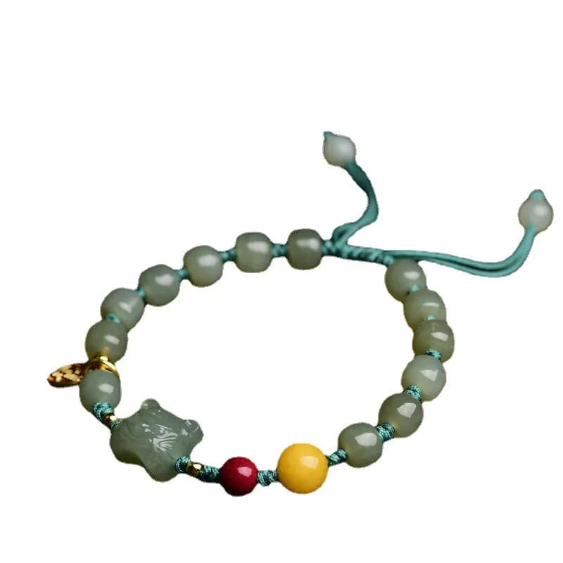 Natural Hetian jade and cinnabar beeswax bead bracelet with animal zodiac design, bead size 5x7mm.
