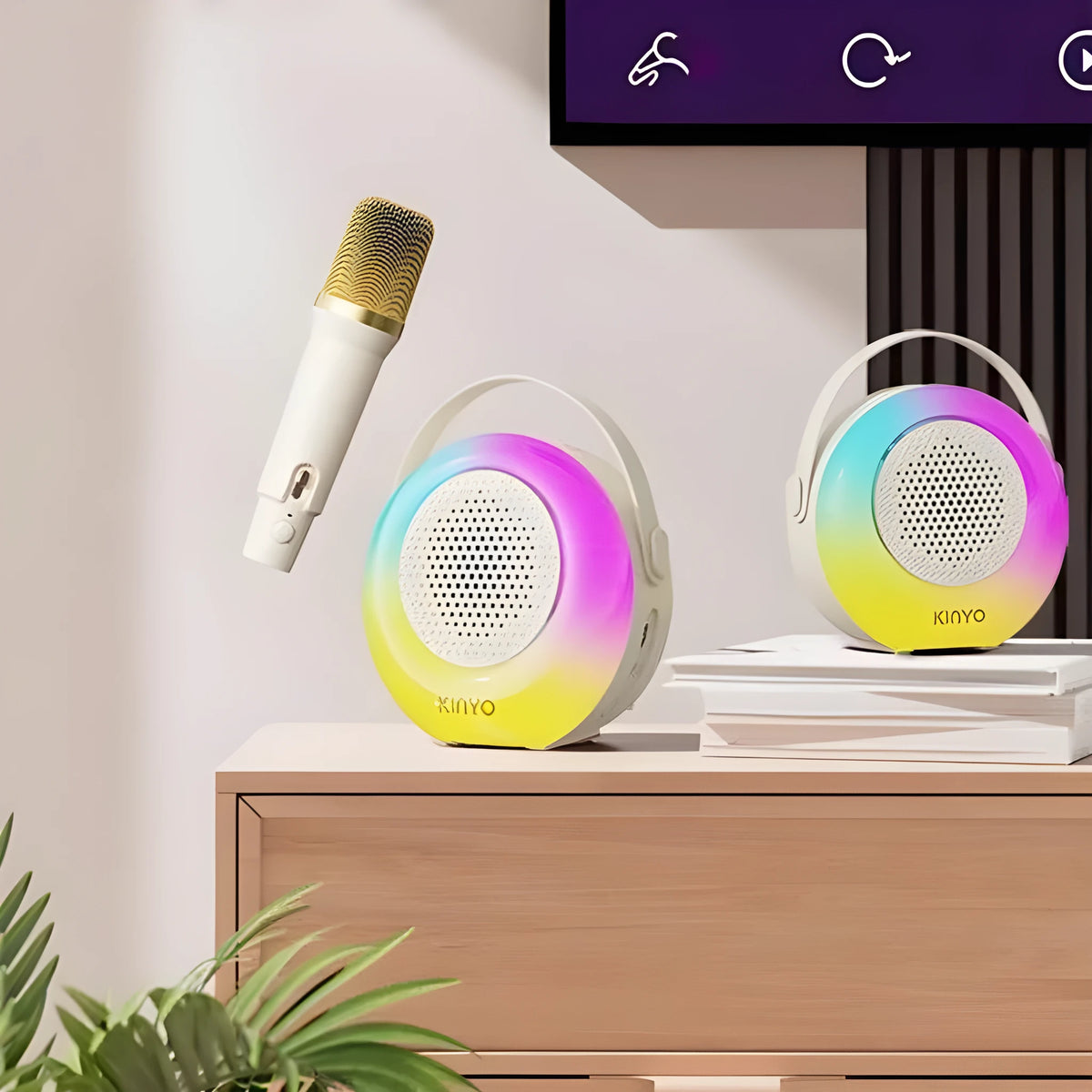 K38 Bluetooth karaoke microphone set with two mics, creamy white