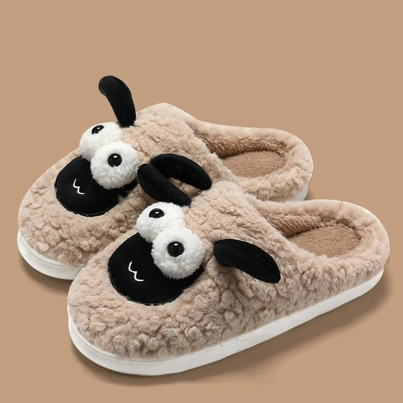 Brown, grey and white lambswool suede slip-on slippers with a sewn PVC sole.