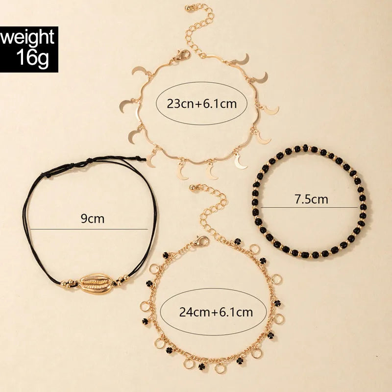 Women's gold tone alloy anklet set with hollow circles, shell beads, and black rice beads, four pieces