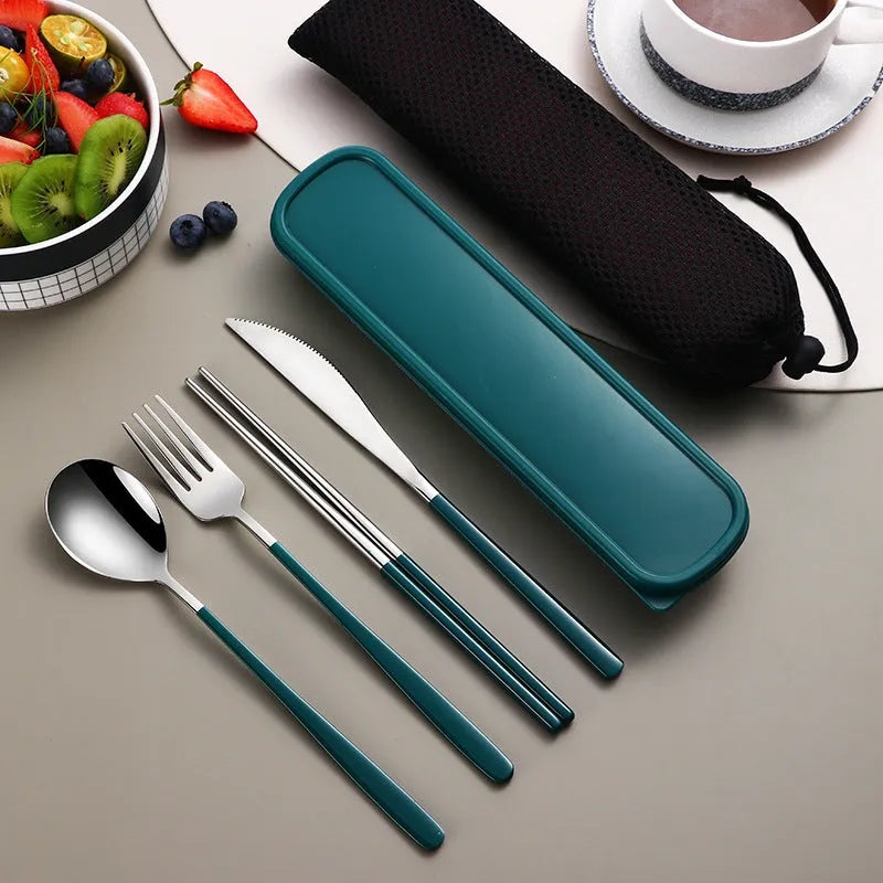 304 stainless steel portable cutlery set with gold knife fork spoon and mesh bag