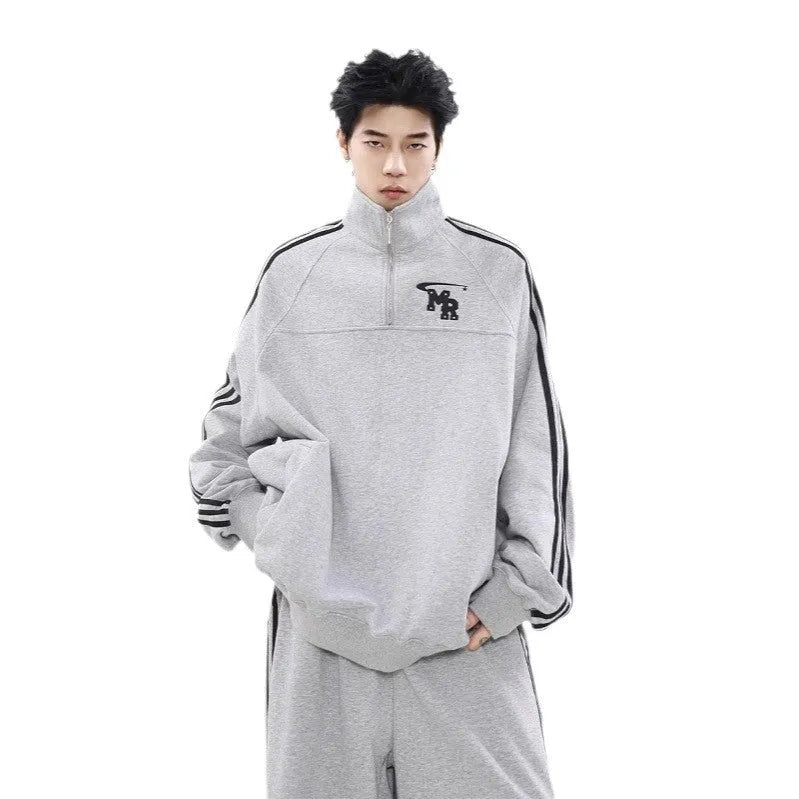 Black unisex retro casual sweater hoodie with a stand collar and long sleeves.