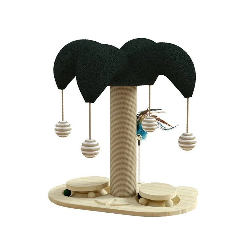 Solid wood cat scratching post with rotating turntable and natural hemp rope climbing frame
