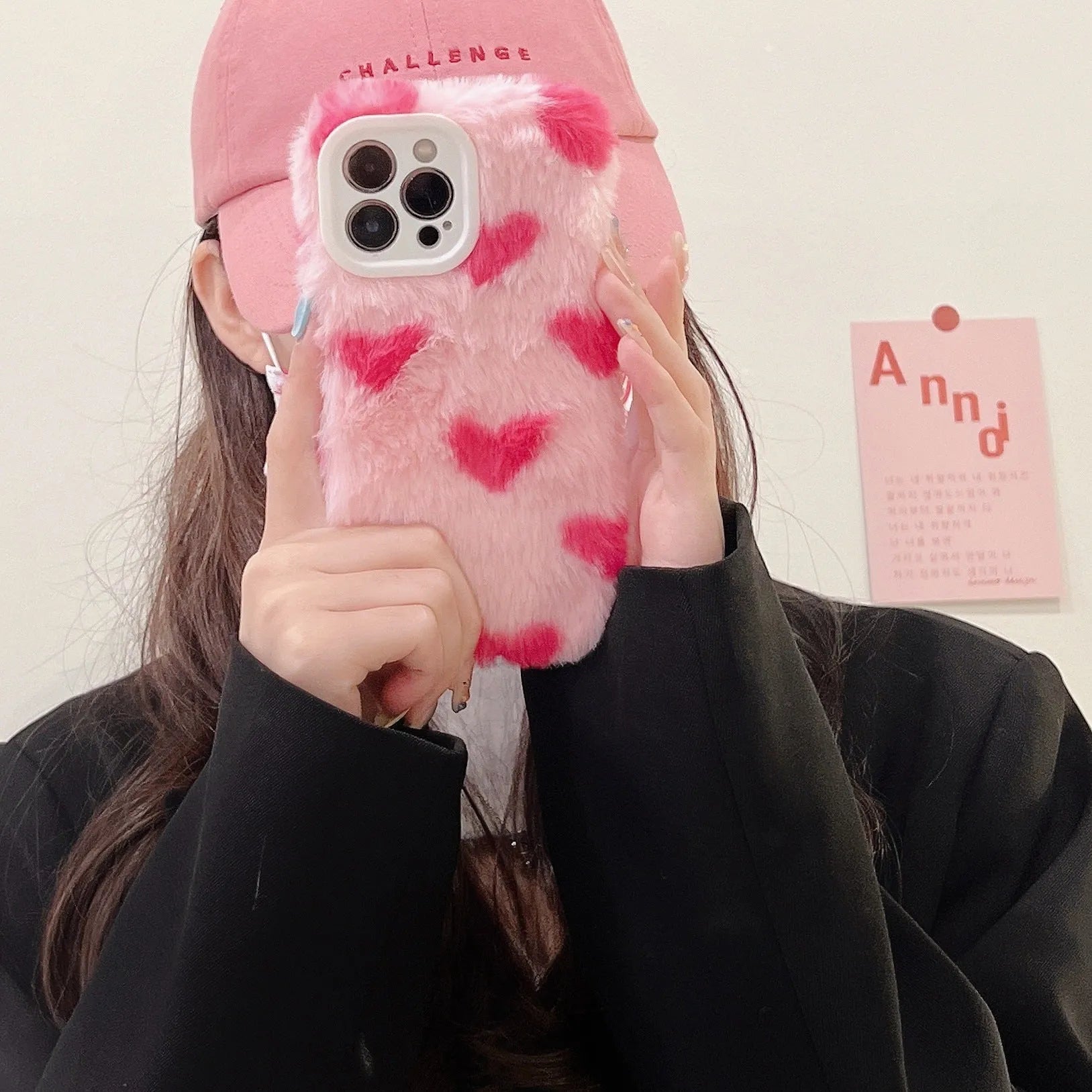 Pink cartoon-style plush silicone back cover case for Apple iPhone 11, 12, 13, 14 and 15 models.