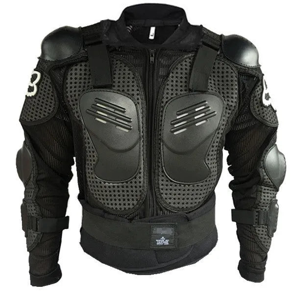 Black motorcycle armour protection jacket with plastic fall protection panels, solid colour, on white background