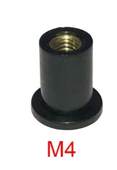 Black rubber and brass expansion well nut fasteners for motorcycle mounting in M4, M5, M6 sizes.