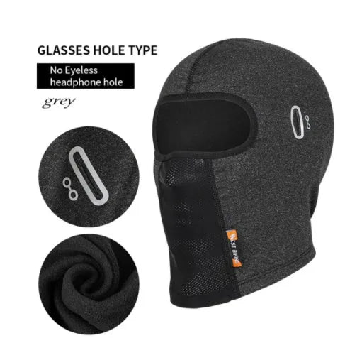 Stretch fleece ski headgear with glasses hole for motorcycle or bicycle use, free size, in basic black colour