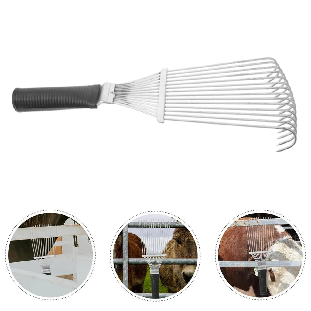 Black stainless steel dematting brush for grooming horses, dogs, and cattle.