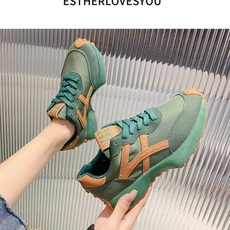 Women's beige casual dad sports shoes with cross shoulder strap, breathable mesh and PU upper, flat heel