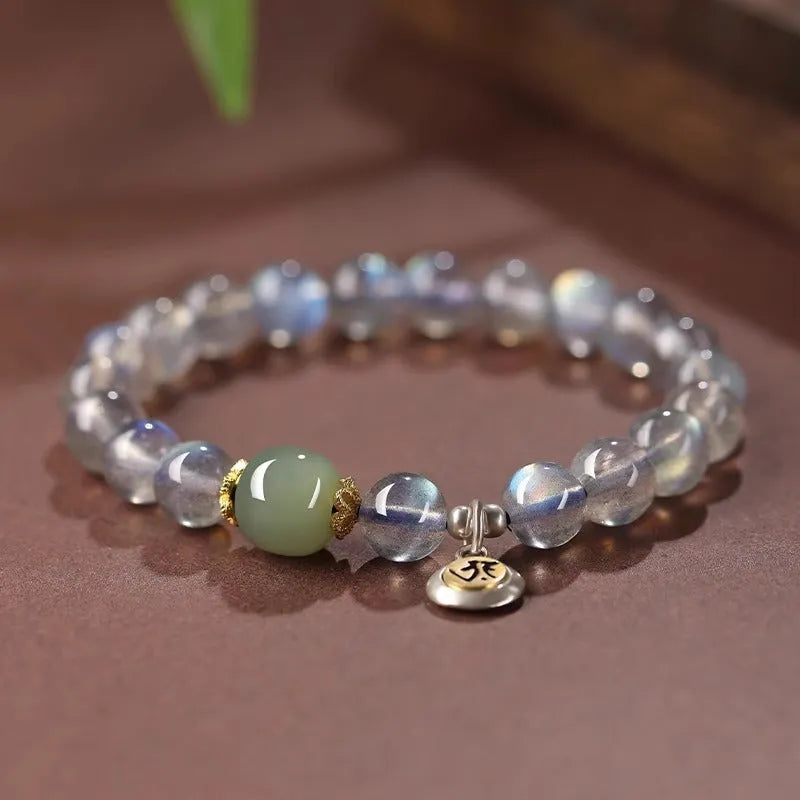 Birth Buddha Beads bracelet with 8mm moonstone crystal beads featuring Thousand-Hand Kwan-yin mouse zodiac modelling