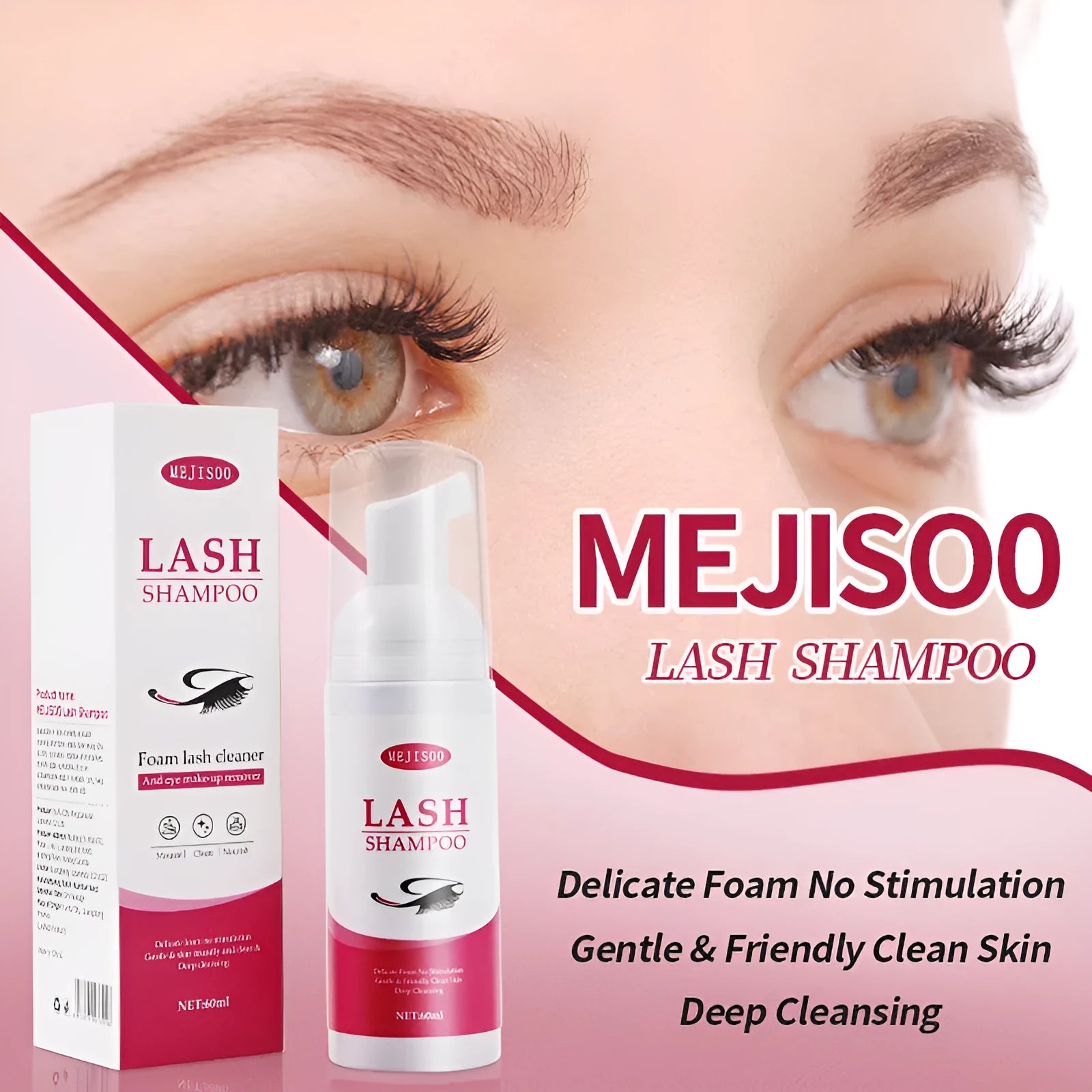 60ml bottle of LASH SHAMPOO Mousse eyelash cleaning solution on a white background.