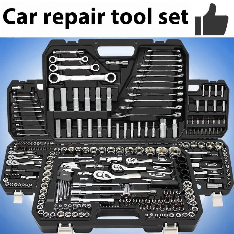 150-piece socket wrench set with 72-tooth curved handle ratchet and black finish for auto repair and home use