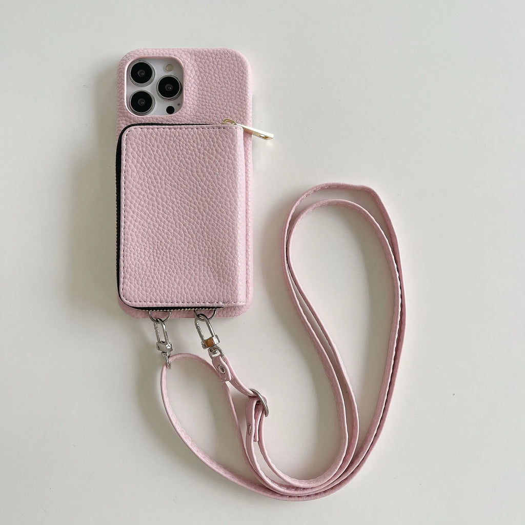 Leather phone case with lychee pattern, zipper card holder, and lanyard in black