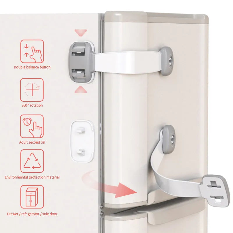 Adjustable child safety cabinet lock with strap showing grey colour and adhesive backing