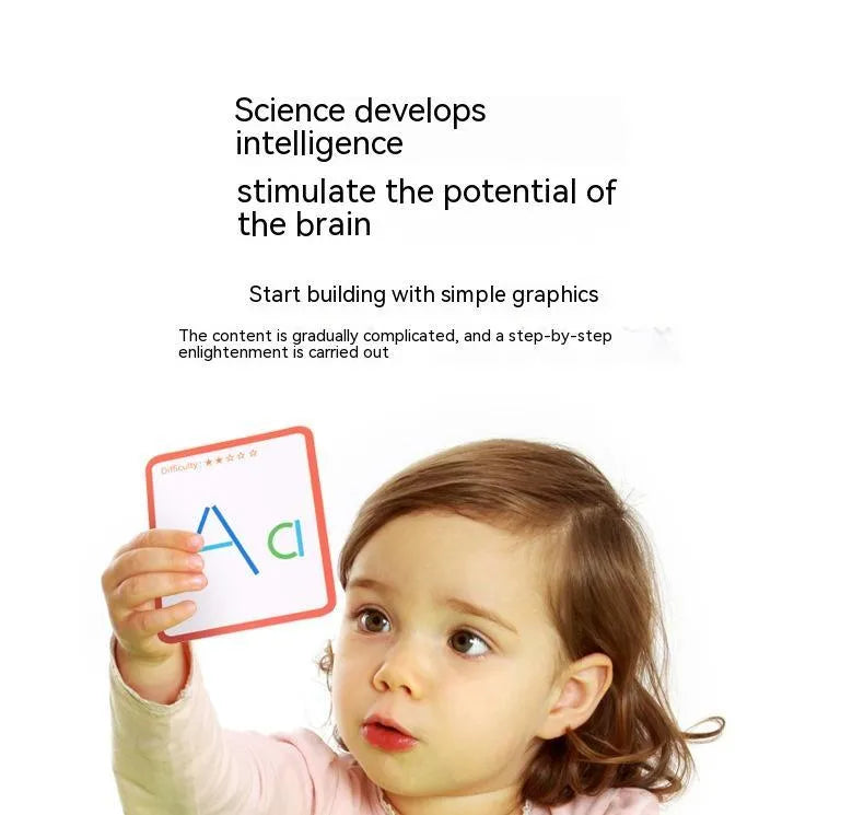 Children's wooden thinking training puzzle with creative stick and ring pieces on illustrated board, colour box packaging