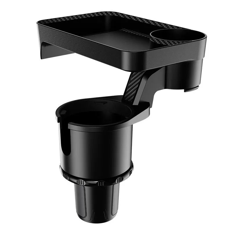 Black car cup holder with an integrated rotating dinner tray, shown in a vehicle.