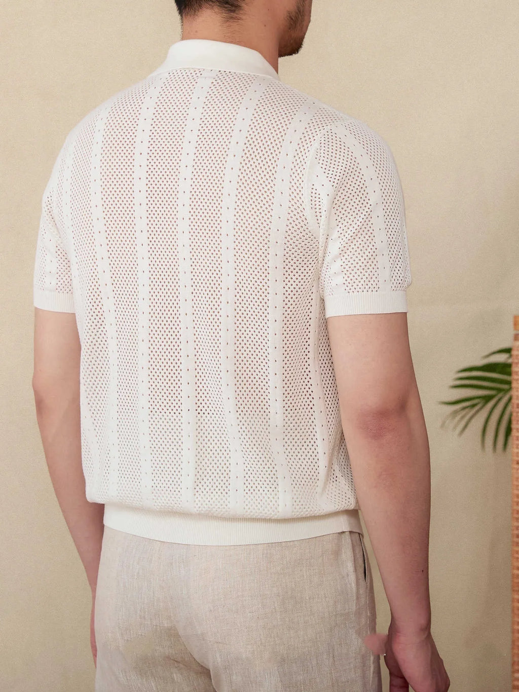 Men's short sleeve lapel cardigan in striped cotton knit, shown in creamy-white colour.