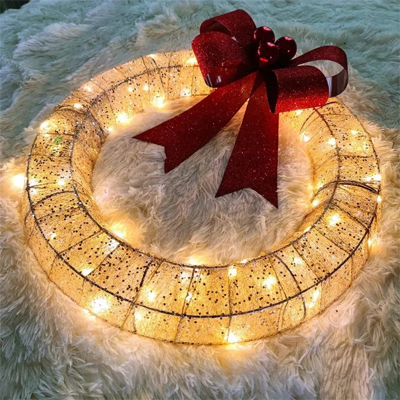 Gold and green 50cm LED Christmas wreath with large fabric bowknot and warm white lights