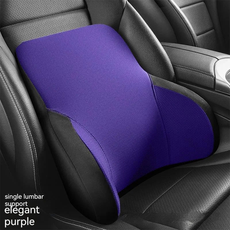 Black memory foam car headrest and lumbar support pillow set on a car seat