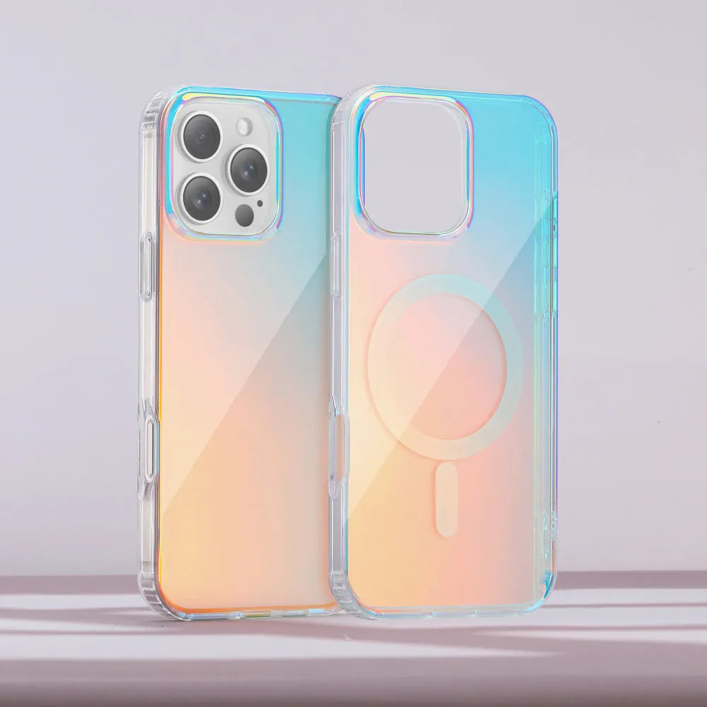 Glossy transparent magnetic iPhone case with colour-changing chameleon finish on a smartphone.
